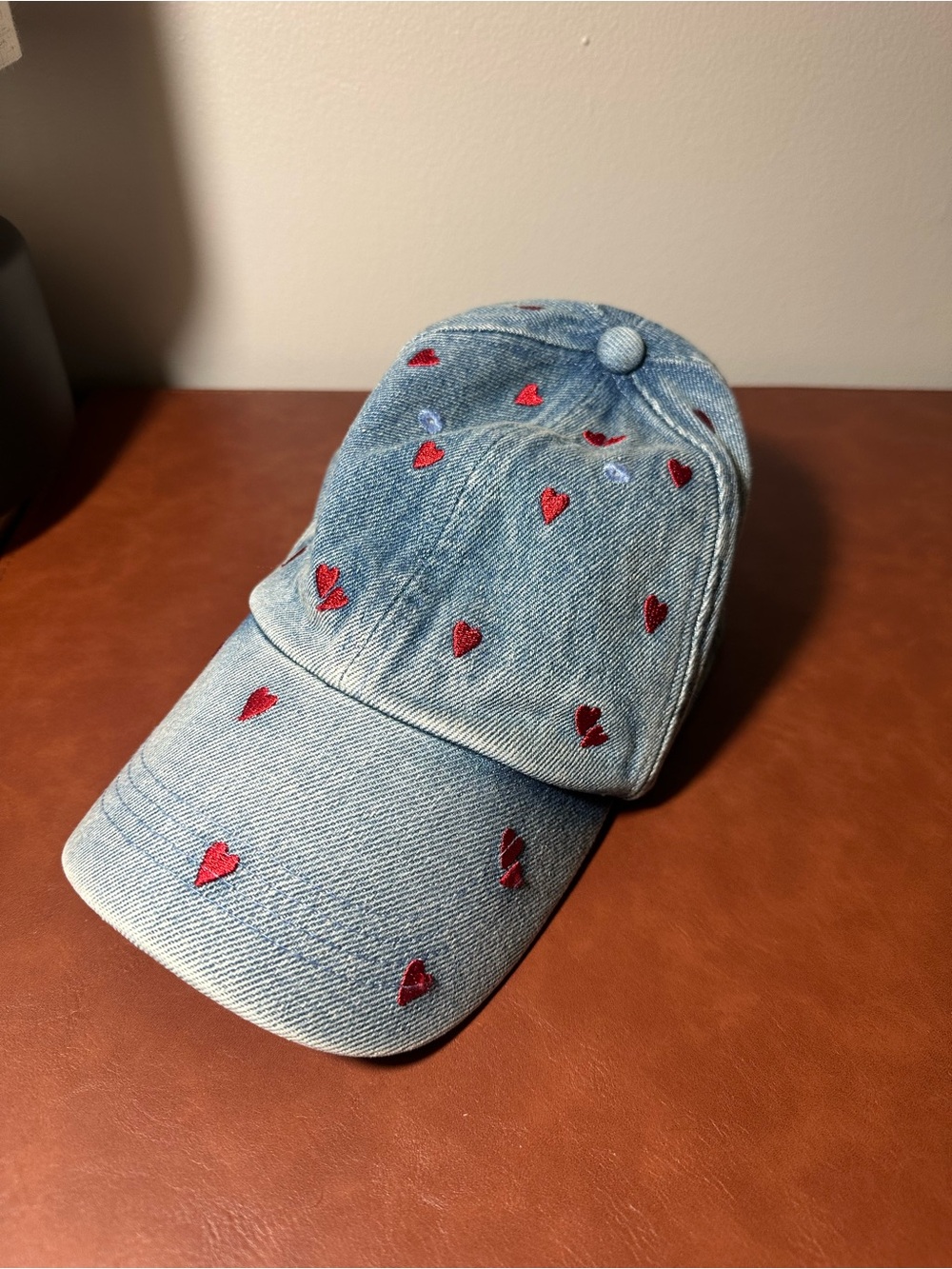 Zara Light Blue Denim Cap with Red Heart Embroidery